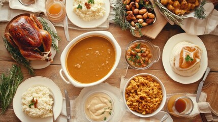 Traditional thanksgiving dinner setting with turkey, gravy, and side dishes on rustic table