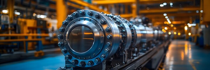 Obraz premium Close-up view of heavy-duty industrial machinery,gears,and precision engineering equipment in a modern factory production workshop.
