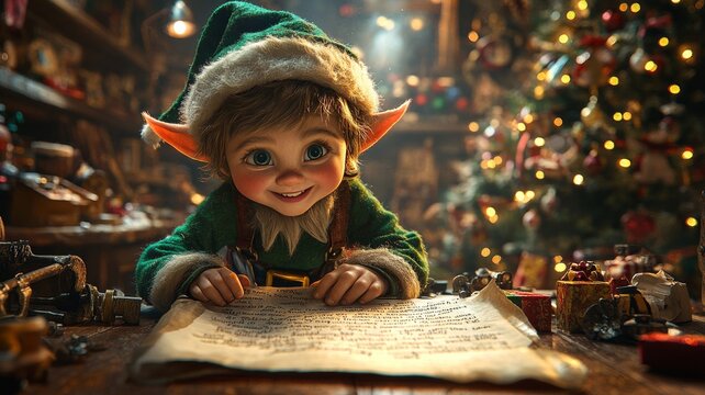 A playful elf tiptoeing around Santa's workshop, sneaking a peek at Santa's list, which is partially unrolled on a table