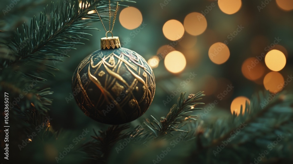 Poster a detailed view of a christmas ornament hanging from a tree branch