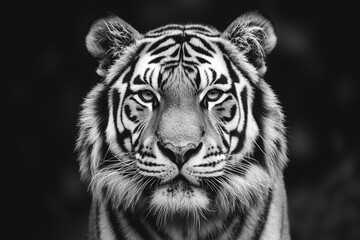 Close-Up Black and White Portrait of a Bengal Tiger Looking Directly at the Camera