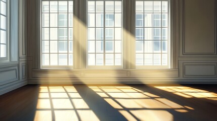Fototapeta premium Quiet office room with three windows allowing natural light to flood the space, casting long shadows on the floor.