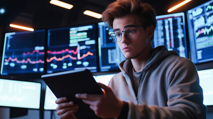 Analyst in Command Center with Data Monitors