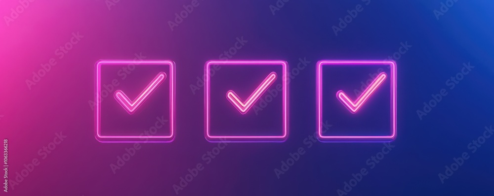 Poster three glowing checkmarks in outlined boxes against a gradient background, symbolizing completion or 