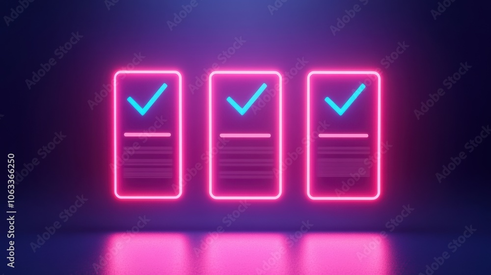 Poster three glowing neon checklists with tick marks against a dark background, symbolizing completion and 