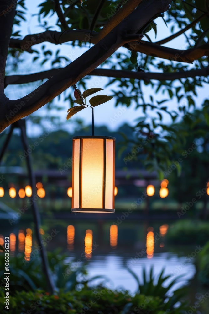 Poster a lantern hangs from a tree branch above a serene lake at sunset