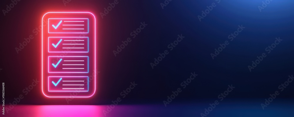 Poster a glowing checklist illuminated in neon colors, set against a dark background, symbolizing organizat
