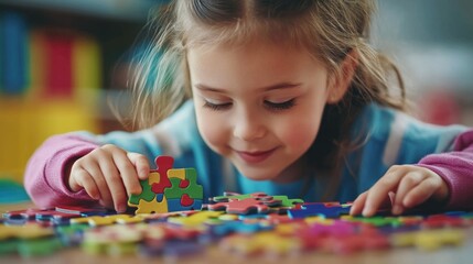 A young girl focused on assembling a puzzle
