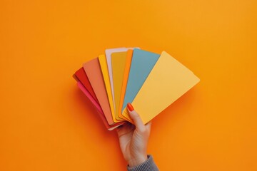 A person holds a stack of colorful notebooks, ideal for use in education, creativity, or organizational concepts