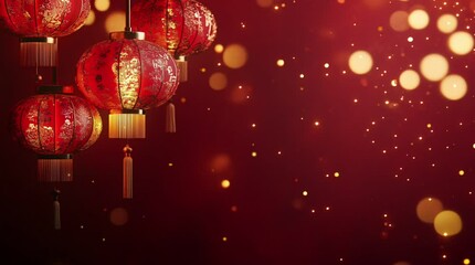 Chinese New Year. A vibrant scene showcasing Chinese New Year celebrations. Red lanterns hang brightly against the night sky