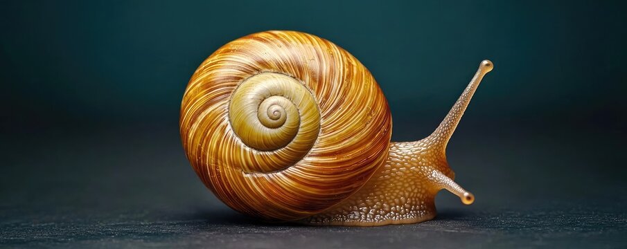 A close-up of a beautiful snail with a spiral shell, showcasing its texture and colors against a blurred backdrop.