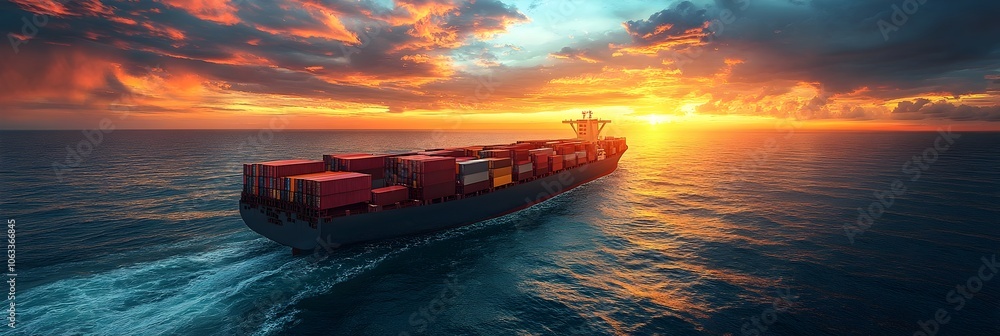Poster majestic sunset view of a large container ship sailing across the tranquil open ocean,set against a 