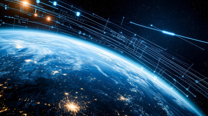 Futuristic Earth with Digital Grid and Space Sunrise