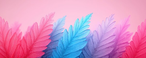 Colorful gradient leaves in pink, blue, and purple tones against a soft background create a vibrant, artistic effect.