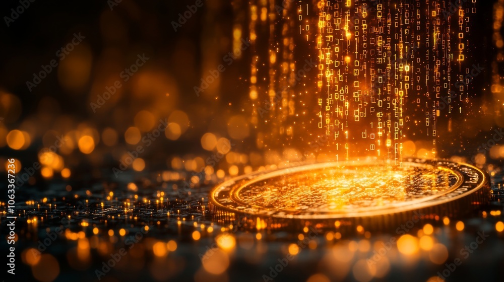 Poster A golden coin hovers amidst vibrant binary code cascading downward, surrounded by sparkling particles, creating a captivating digital ambiance.