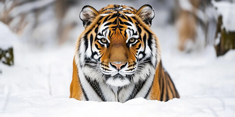 Obraz premium Majestic Bengal Tiger Resting in Snowy Wilderness