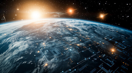 Futuristic Earth with Digital Grid and Space Sunrise