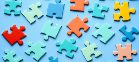 Obraz premium Multicolored Puzzle Pieces Scattered on a Blue Background, Teamwork and Problem Solving Concept