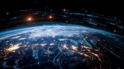 Futuristic Earth with Digital Grid and Space Sunrise