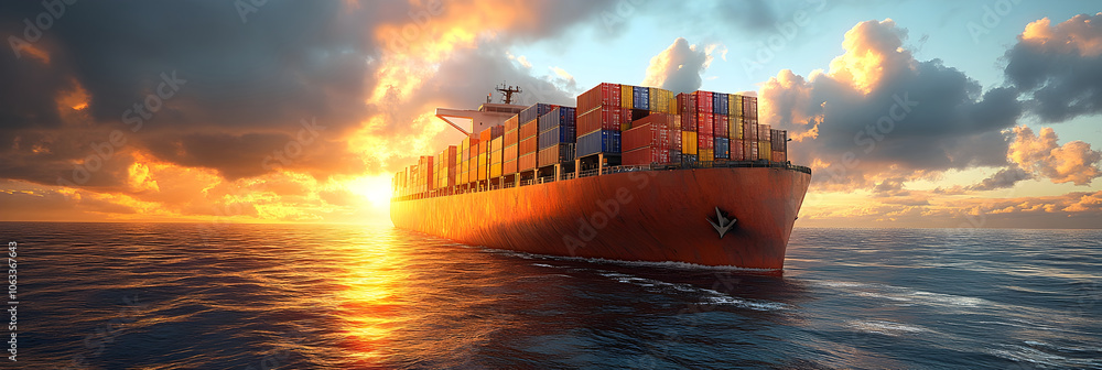 Poster Massive cargo container ship sailing on the open ocean at sunset with a dramatic colorful cloudy sky in the background. The ship is loaded with stacked shipping containers,representing global trade.
