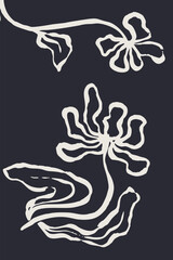 Poster or card with ink brush abstract flower sketch. White silhouette of minimalist doodle floral