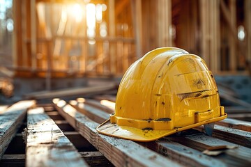 close-up of a yellow safety hard hat on boards with wooden house under construction on blurred background with copy space