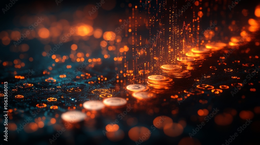 Poster Coins illuminate as they fall through a dark space, creating a mesmerizing effect with glowing particles surrounding them in an artistic display.
