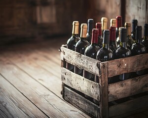 Rustic Vintage Wine Crate Filled with Traditional Bottled Beverages on Wooden Floor