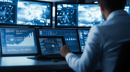 Analyst in Command Center with Data Monitors