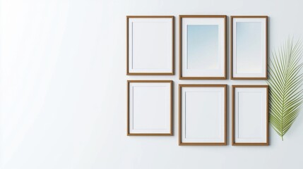 Minimalist multi-photo frame mock-up concept. A minimalist arrangement of empty wooden-framed photo frames on a light wall accompanied by a green leafy plant