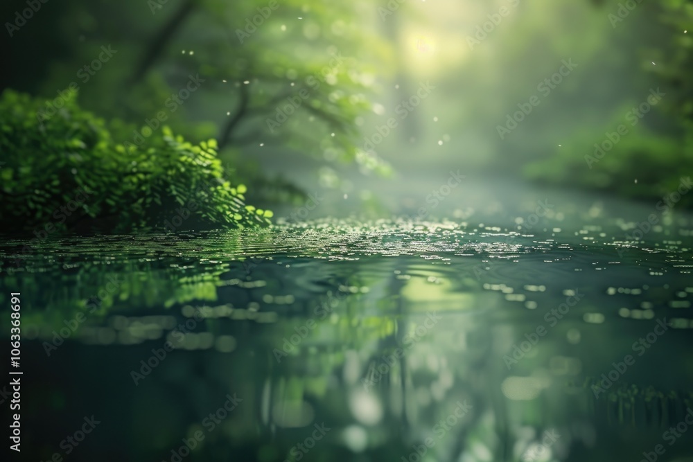 Poster a serene scene with a stream flowing through a dense green forest