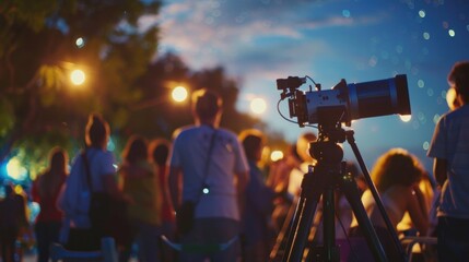 Fototapeta premium Unfocused view of a huddle of stargazers and their equipment.