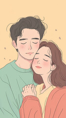 Obraz premium Valentines Romantic Hug in Anime Style: Kawaii Couple with Lofi Colors