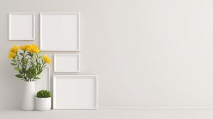 Minimalist multi-photo frame mock-up concept. A minimalist interior scene featuring blank picture frames and a vase with yellow flowers against a soft neutral wall