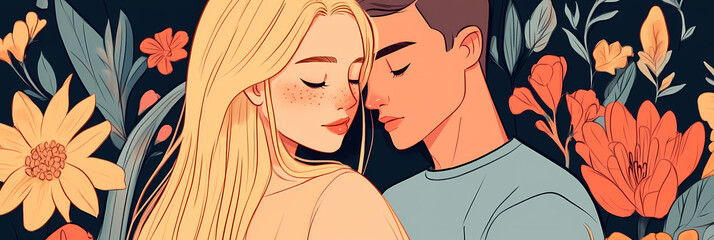 Valentines Romantic Hug in Anime Style: Kawaii Couple with Lofi Colors