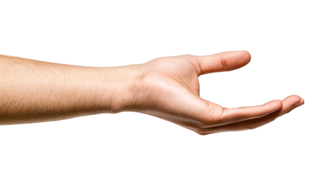 A man's hand in a holding position isolated over transparent background, PNG cut-out