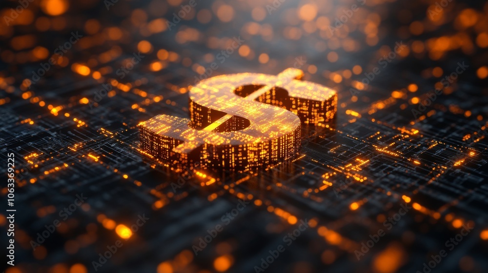 Aufkleber A glowing dollar sign stands out in vibrant orange against a complex digital background comprised of circuitry and binary patterns, conveying themes of finance and technology.