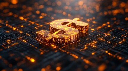 A glowing dollar sign stands out in vibrant orange against a complex digital background comprised of circuitry and binary patterns, conveying themes of finance and technology.
