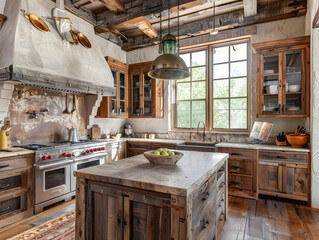 A cozy kitchen with worn wooden cabinets, showcasing a rustic and charming design aesthetic.