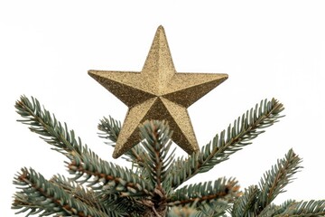A shiny gold star sits atop a festive Christmas tree, perfect for holiday decorations or gift wrapping inspiration
