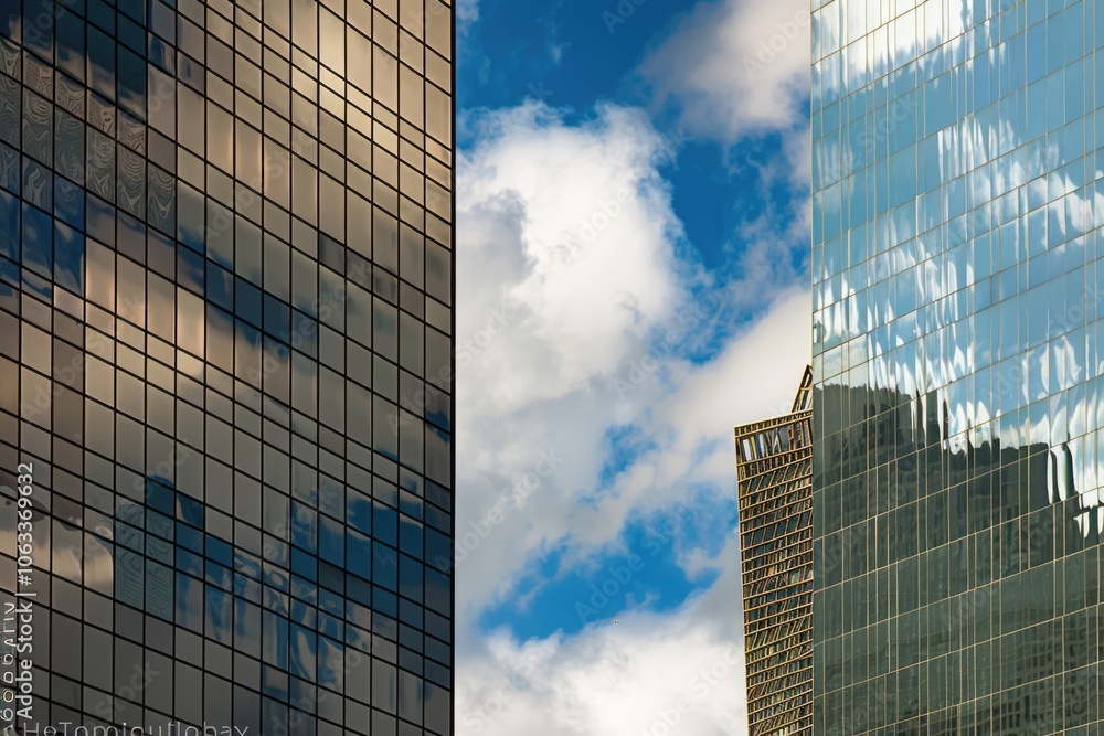 Poster a plane flying in front of a modern skyscraper or office building