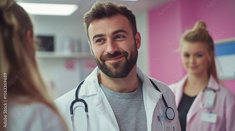 Poster health professionals gathered in a break room, sharing a light moment together, reflecting camarader