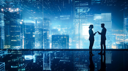 Business Meeting in Futuristic Cityscape