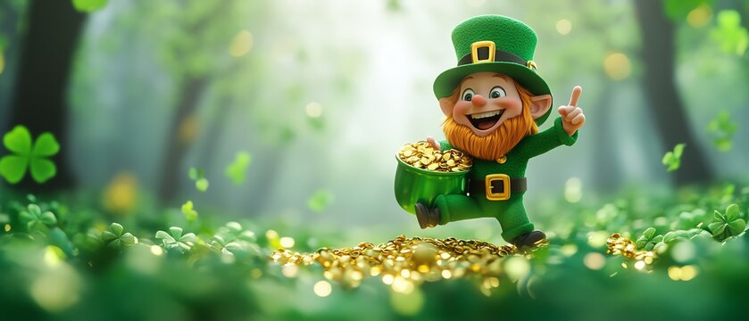 A playful 3D leprechaun cartoon character, joyfully dancing with a pot of gold, featuring bright greens and golds, creating a lively St Patricks Day atmosphere