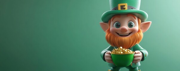 Adorable 3D cartoon character of a cheerful Irish leprechaun wearing a green suit and hat, holding a pot of gold, vibrant colors, festive St Patricks Day theme