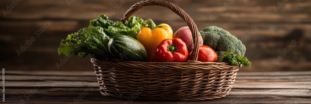 Leinwandbilder fresh vegetables and fruits fill a wicker basket, beautifully arranged on a rustic wooden table in a
