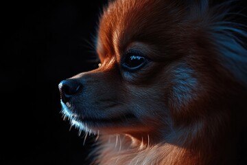 A close-up view of a dog's face against a dark background