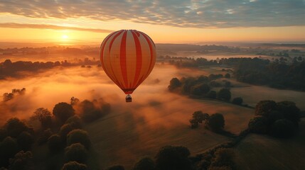 Hot Air Balloon Ascending Over a Foggy Rural Landscape at Sunrise