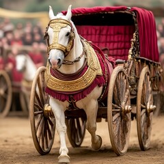 A majestic white horse pulling an ornate chariot during a historical event.