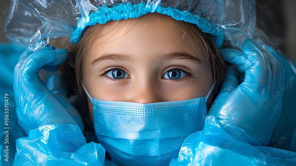 Poster pediatric healthcare team examining a child, using child-friendly tools and a comforting approach in